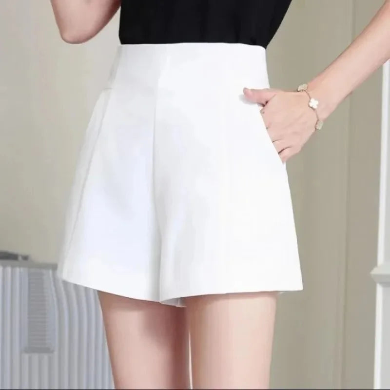 Women Shorts Spring Summer Casual High Waist A-line Shorts Loose Wide Leg Shorts Chic Lady Black White Suit Shorts - Matrix Studios