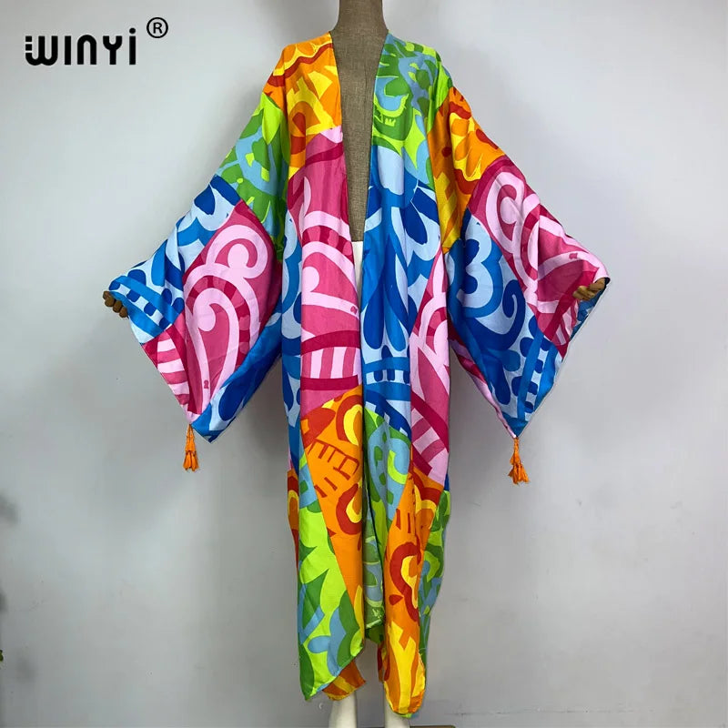 2026 WINYI New Cotton Feeling Bikini Cover-ups Bohemian Print Front Open Long Kimono Kaftan Beach Cover Ups for Swimwear Dresses - Matrix Studios