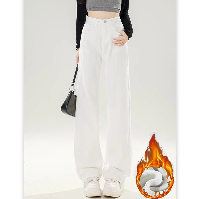 Winter Girls Thermal Fleece High Waist Jeans Lady Snow Warm Plush Denim Pants Women Classic Fashion Straight Leg Trousers - Matrix-studios.com
