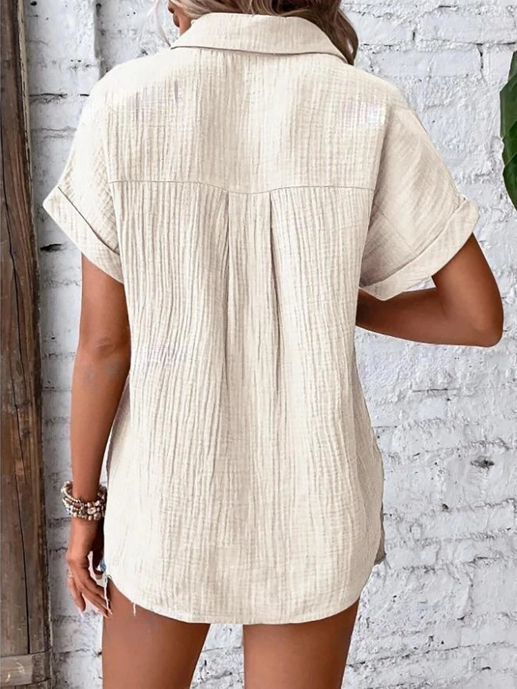 Women Casual Cotton Blouse Vintage Summer Short Sleeve Slim Shirt Elegant Turn Down Collar Solid Tunics Harajuku Streetwear Tops - Matrix-studios.com