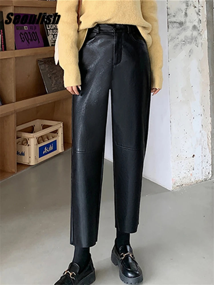 Seoulish Autumn Winter PU Faux Leather Women's Wide Leg Pants High Waist Female Casual Loose Ankle Length Trousers 2023 New