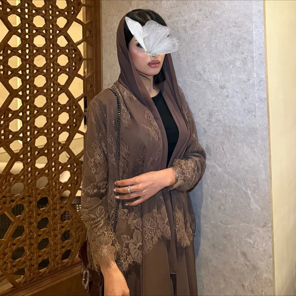 Eid Women Lace Abaya Open Dress Ramadan Abaya Party Vestidos Largos Muslim Jalabiya Morocco Kaftan Dubai Islam Arab Long Robe - Matrix-studios.com