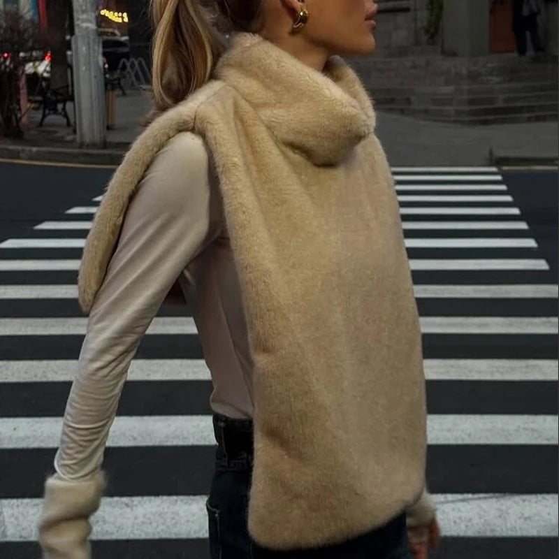 Women Casual Faux Fur Vest Chic Solid High Collar Sleeveless Loose Waist Coat Lady Fashion Daily 2025 New High Street Vests - Matrix Studios