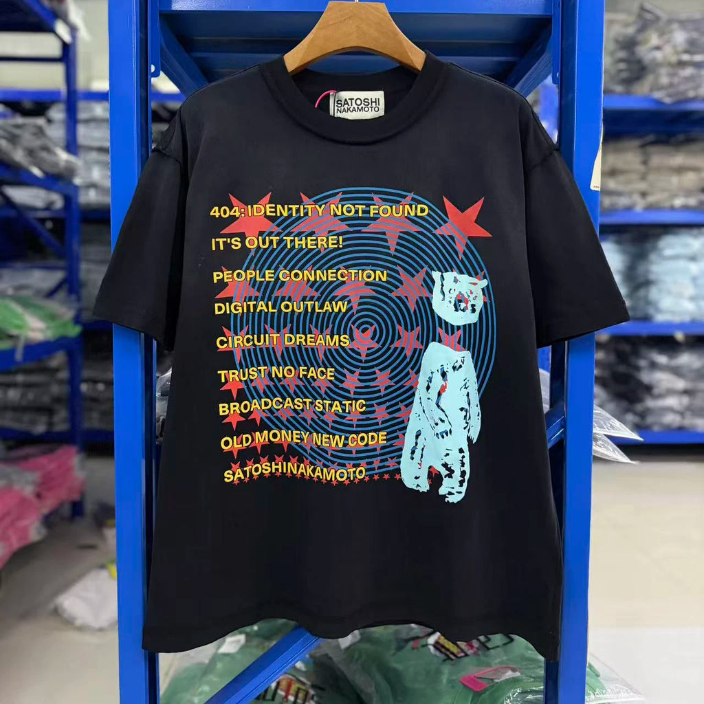 26SS Satoshi Nakamoto T-shirt Men's Multi-color Bead Letter Burst Pattern Print Washed Retro Loose Short Sleeve Streetwear - Matrix-studios.com