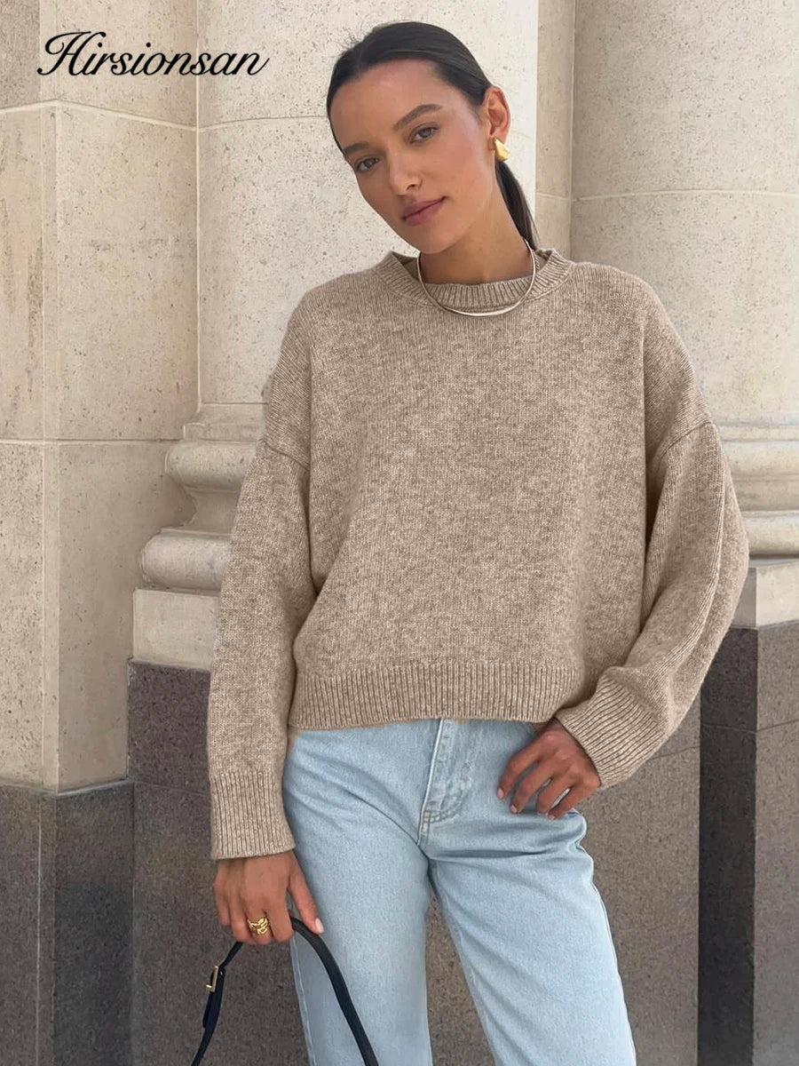 Hirsionsan Basic O Neck Basic Sleeve Sweater Women 2025 Oversized Short Knitted Pullovers Female Casual Thick Warm Soft Tops - Matrix Studios