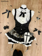 Summer Sweet Preppy Style 2 Piece Sets Women Y2k Kawaii Lolita Design Tops + High Waist Chic Skirt Female Princess Retro Outfits - Matrix-studios.com