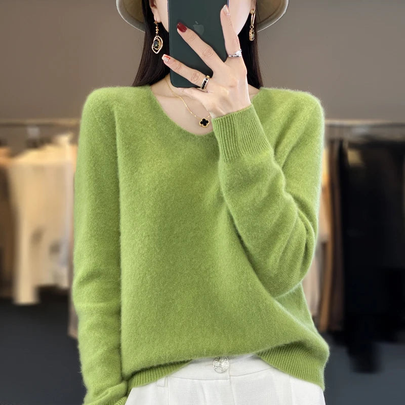 100% pure wool cashmere sweater women's V-neck pullover casual knit top autumn and winter women's coat Korean fashion - Matrix Studios