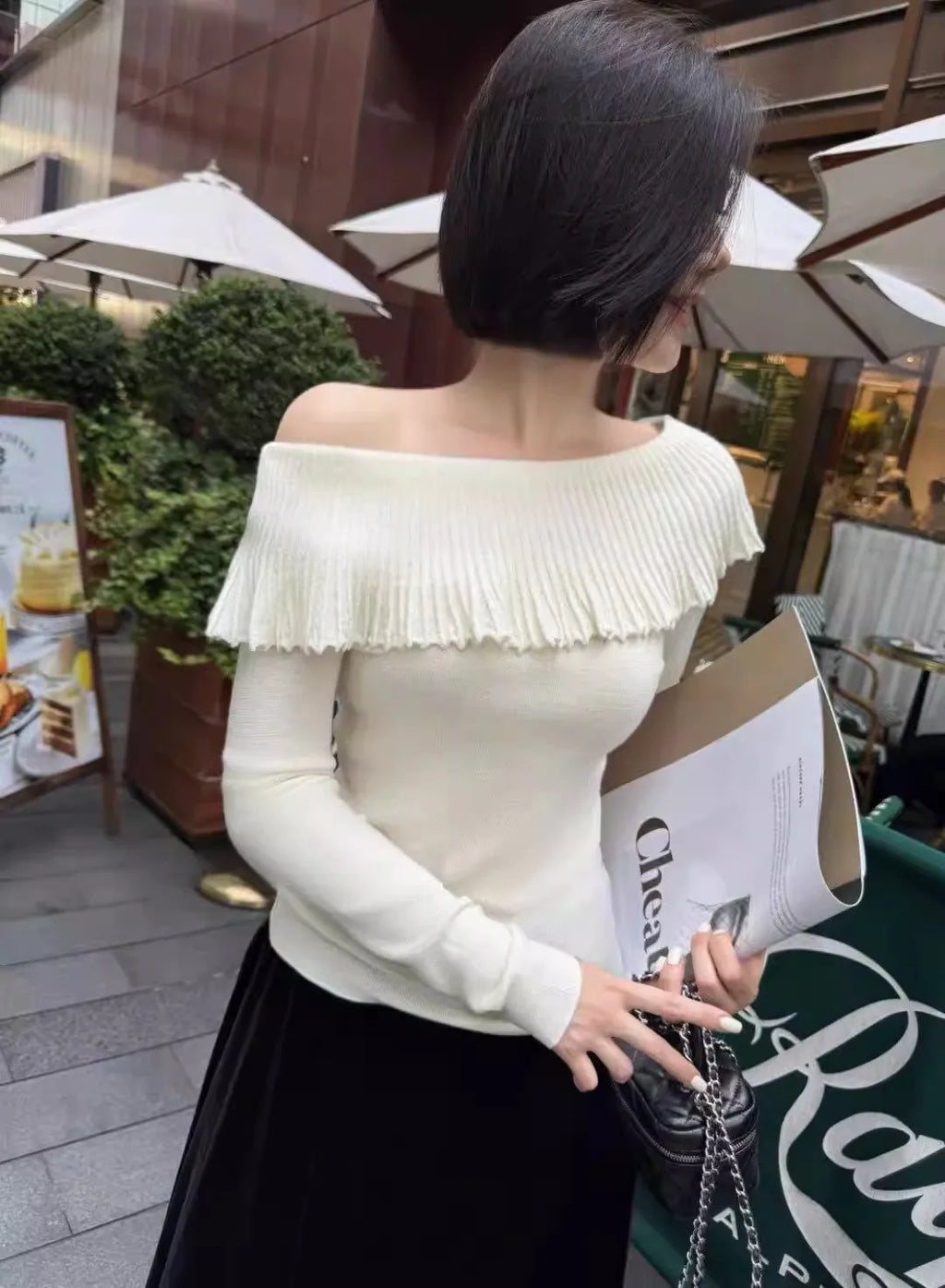 Women's Solid Color Slash Neck Ruffles Sweater Short Pullover Korean Fashion Chic Retro Style for Autumn Winter - Matrix Studios