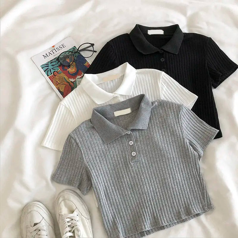 Preppy Knit Polo Neck Crop Top Women Summer Short Sleeve T-shirt Youthful Solid Color Female Basic Blouse Lady Pullover - Matrix-studios.com