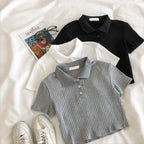 Preppy Knit Polo Neck Crop Top Women Summer Short Sleeve T-shirt Youthful Solid Color Female Basic Blouse Lady Pullover - Matrix-studios.com