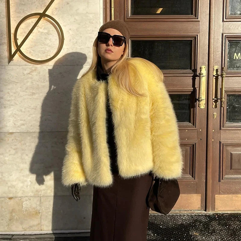 Neo Mint Cool Street Girls Winter Fashion Fluffy Fox Fur Jacket Women Casual Round Neck Faux Fur Coat Chic Thick Warm Outerwear - Matrix Studios