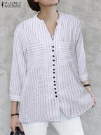 ZANZEA Women Vintage Striped Blouse Summer 3/4 Sleeve Loose Shirt Fashion V-Neck Button Up Tops Elegant Blusas Femme Tunic Mujer - Matrix-studios.com