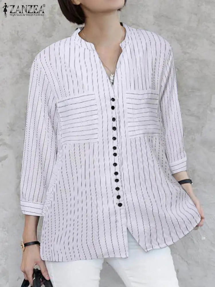 ZANZEA Women Vintage Striped Blouse Summer 3/4 Sleeve Loose Shirt Fashion V-Neck Button Up Tops Elegant Blusas Femme Tunic Mujer - Matrix-studios.com