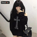 Seeslim Cross One-shoulder Graphic Hoodies Long Sleeve Black Women's Sweatshirts Harajuku Grunge 2000s Clothes Y2k Autumn Tops - Matrix-studios.com