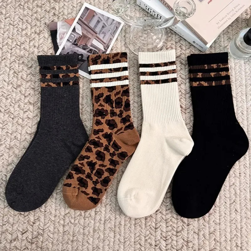 4 Pairs Women Leopard Socks Cotton Sports Y2k Student White Lolita Harajuku Girl Funny Socks - Matrix Studios