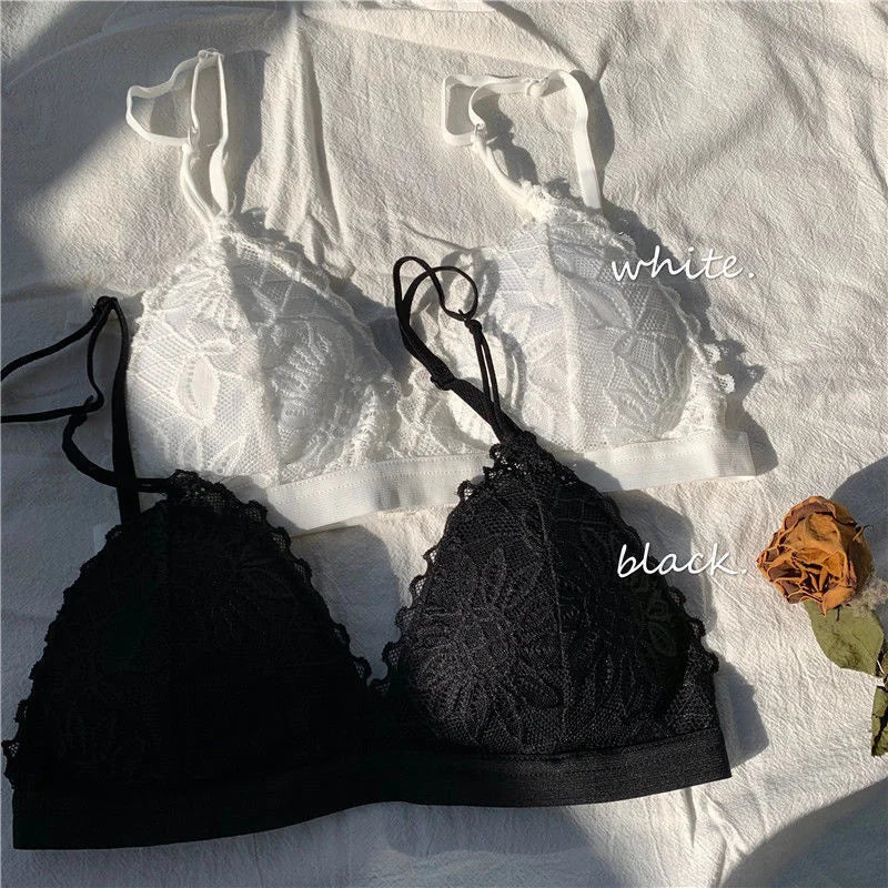 French Lace Triangle Up Lace Bralette No Steel Ring Seamless Bras Sexy Women Thin Pad Bra Summer Breathable Brassier - Matrix Studios