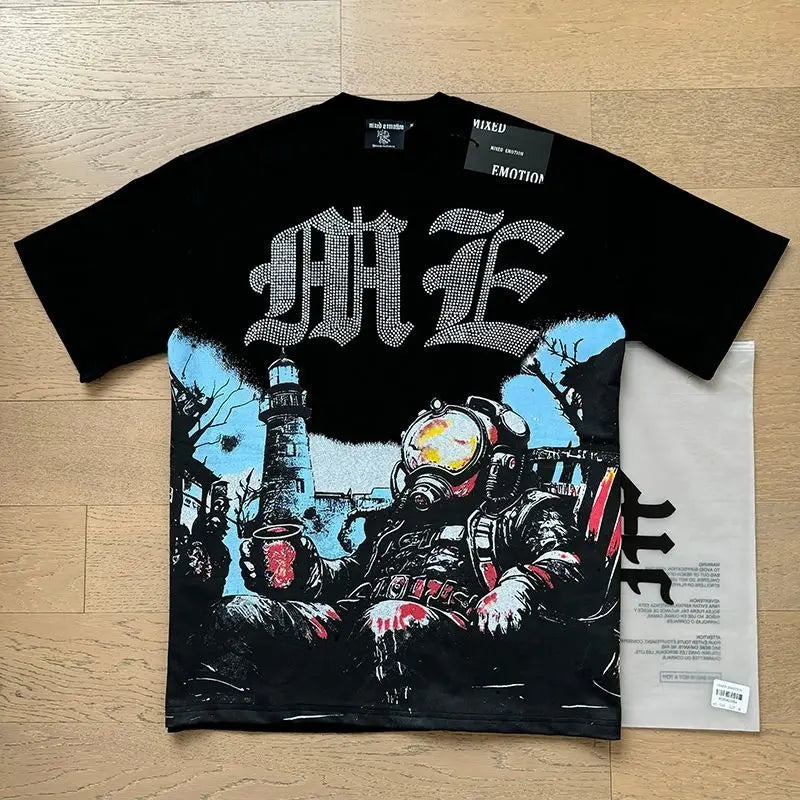 MIXED EMOTION Shirt Rhinestone Short Sleeve Men Women T-shirt Streetwear 100% Cotton Loose Round Neck Top Tees Oversized Tee Top - Matrix Studios