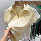 Niche Design Slim Fit Short Sleeve Women T-Shirt 2026 Summer New Arrival V-Neck Polo Shirt Unique Elegant Top Korean Solid Tee - Matrix-studios.com