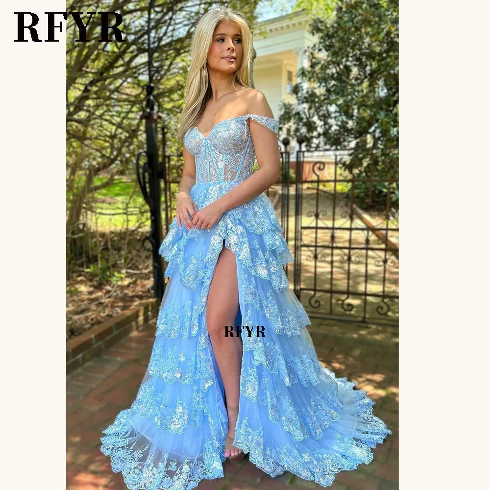 RFYR Puffy Evening Dress Off Shoulder Party Dresses Sweetheart Layered Prom Dress Appliques Evening Dress for Women Customized - Matrix Studios