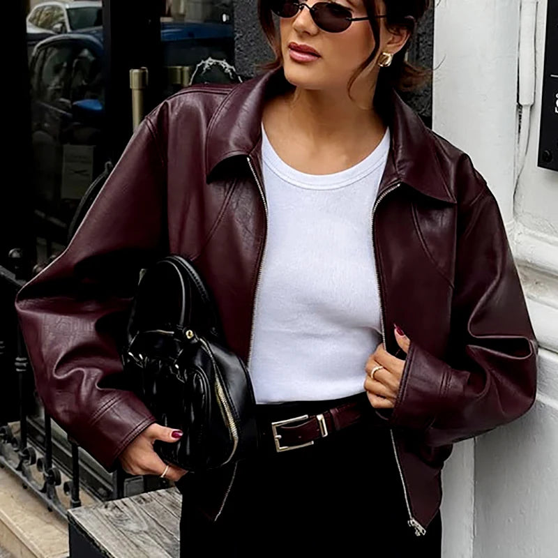 Fashion Lapel Wine Red Leather PU Jacket Autumn Winter Women's Jackets Vintage Long Sleeve Crop Coats Belt High Street New Coat - Matrix Studios