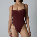 VITALINOVO Women Square Neck Lace Trim Bodysuit High Cut Thong Spaghetti Strap Cami Bodysuit Double Layer Going Out Tank Tops - Matrix-studios.com