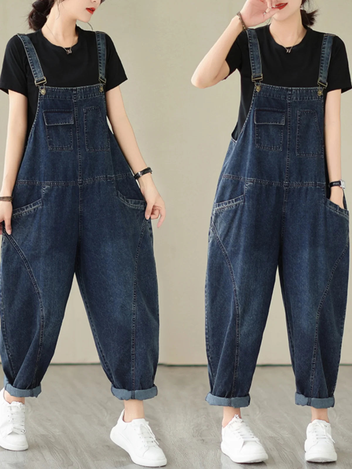 Fall Women's Loose Jeans Overalls Deep Blue High Waist Design Sensation plus Size Faion plus Size Women's Loose Slimming - Matrix-studios.com
