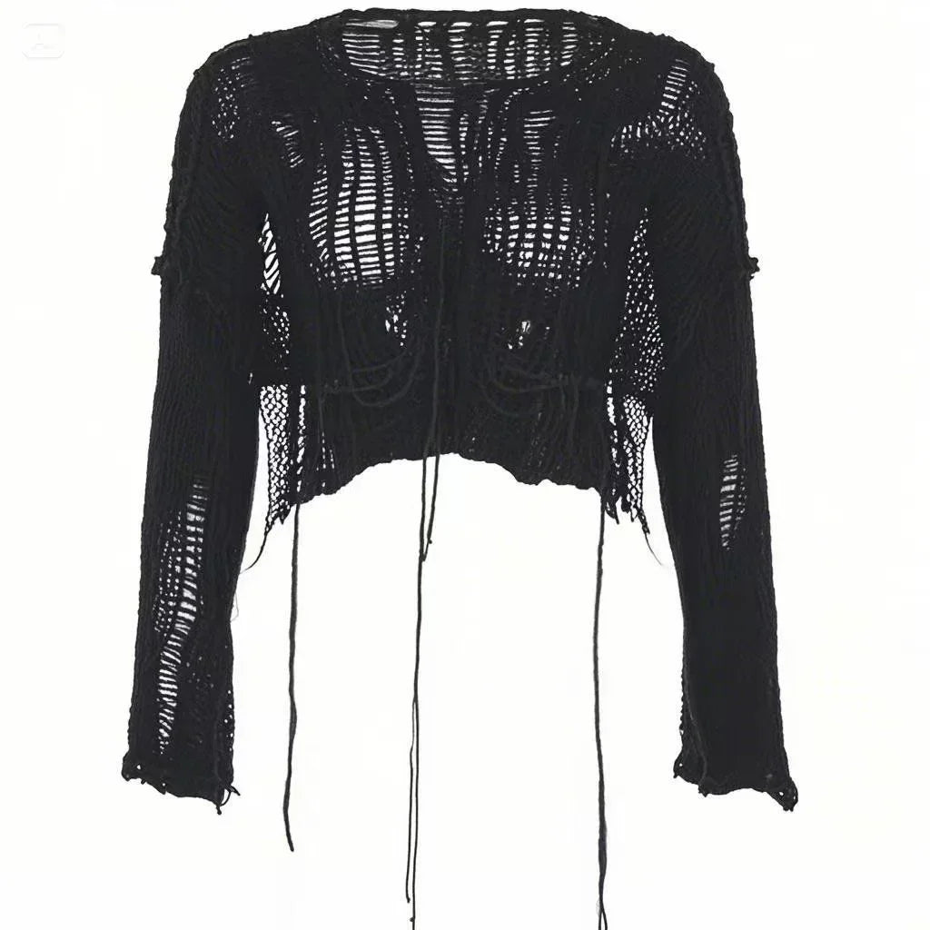 Y2k Cropped Hole Sweater Sexy Gyaru Hollow Out Knit Pullovers Goth Korean Long Sleeve Jumper Summer Fashion Sheer Knitwears Tops - Matrix Studios