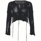 Y2k Cropped Hole Sweater Sexy Gyaru Hollow Out Knit Pullovers Goth Korean Long Sleeve Jumper Summer Fashion Sheer Knitwears Tops - Matrix Studios