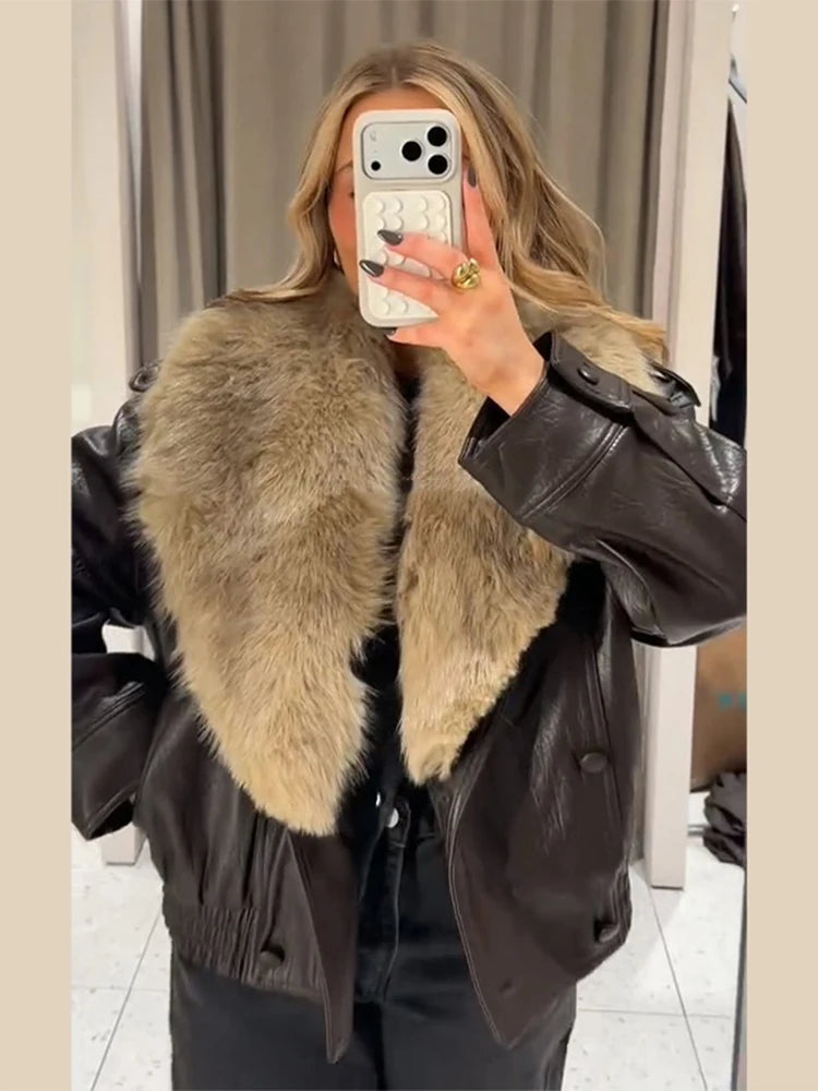 Elegant PU Fur Patchwork Jacket Women Loose Detachable Collar Lapel Double Breasted Jackets Female Fashion Winter Warm Outwear - Matrix Studios