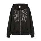 Y2K Rhinestone Skeleton Hoodies Women Gothic Black Zip Up Oversized Sweatshirts Female Retro Harajuku Hooded Jacket Streetwear - Matrix Studios