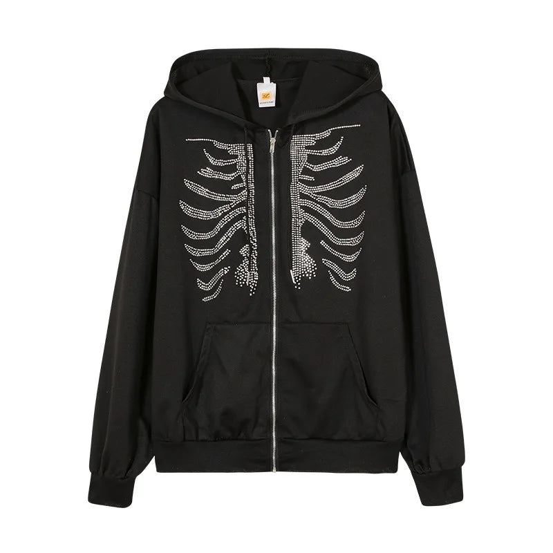 Y2K Rhinestone Skeleton Hoodies Women Gothic Black Zip Up Oversized Sweatshirts Female Retro Harajuku Hooded Jacket Streetwear - Matrix Studios