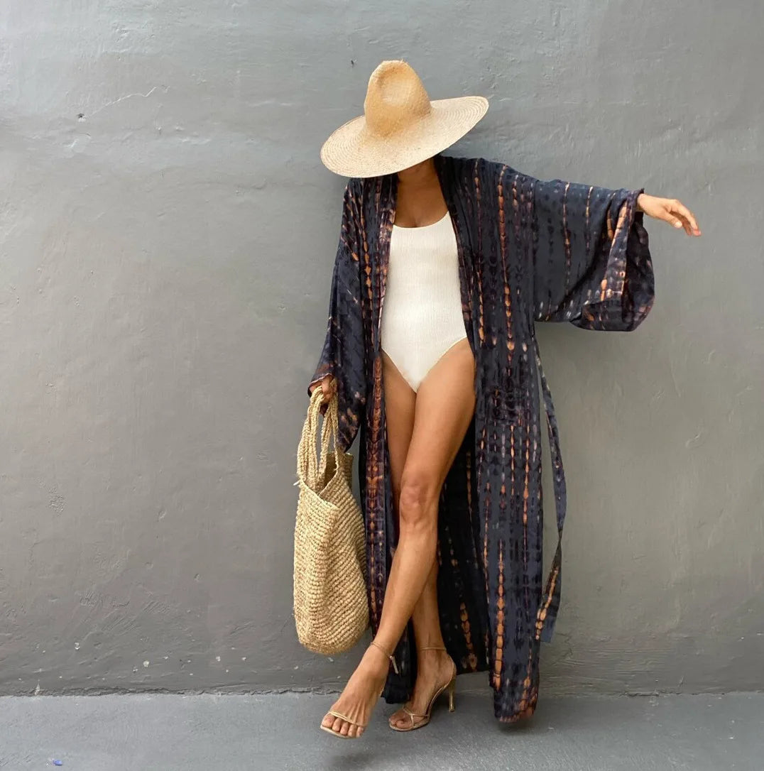 Long Kimono Swimsuit Cover up for Women Stylish Tie Dye Open Front Beach Outfits Bathing Suit - Matrix Studios