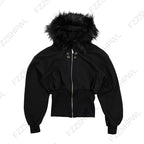 Y2K Harajuku Gothic Women's Hoodie Sexy Slim Chic Suede Fur Collar Letter Print Cardigan Sweatshirt Aesthetic Female Streetwear - Matrix Studios
