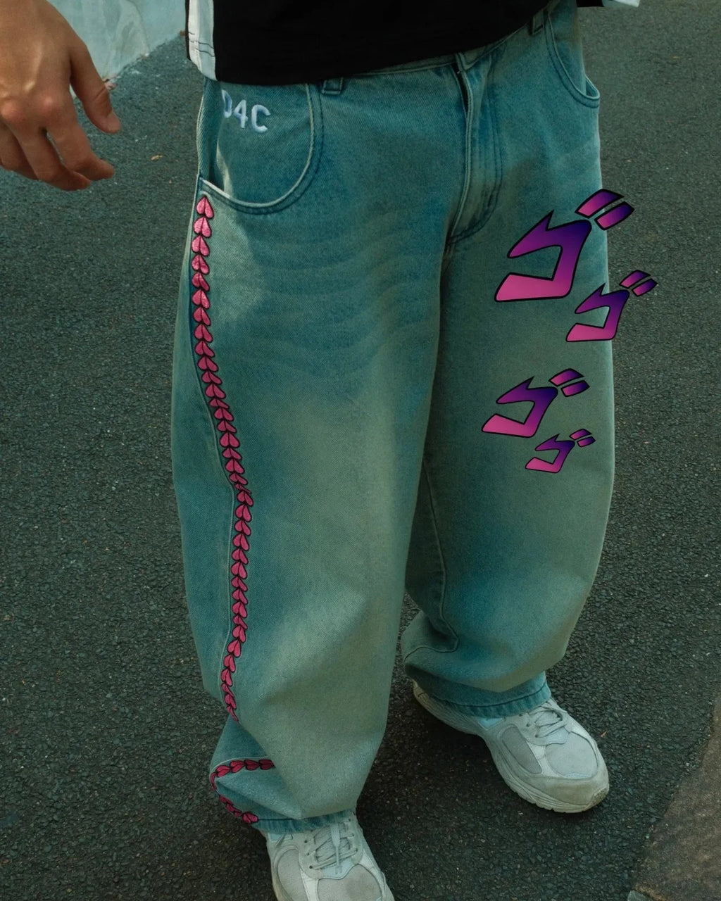 Y2K Men D4C JoJo High Waist Baggy Jeans Women Pink Heart Side Embroidery Loose Fit Washed Denim Pants Streetwear Wide Leg Pants - Matrix Studios