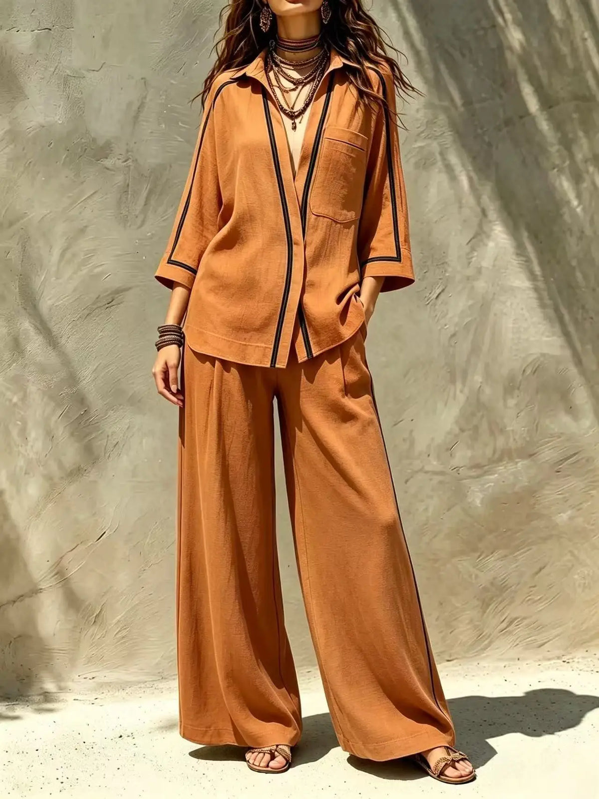 Women 2 Piece Set Contrast Black Piping 3/4 Sleeve Lapel V‑Neck Loose Shirt High Waist Wide Leg Pants Elegant Casual Office Suit - Matrix-studios.com