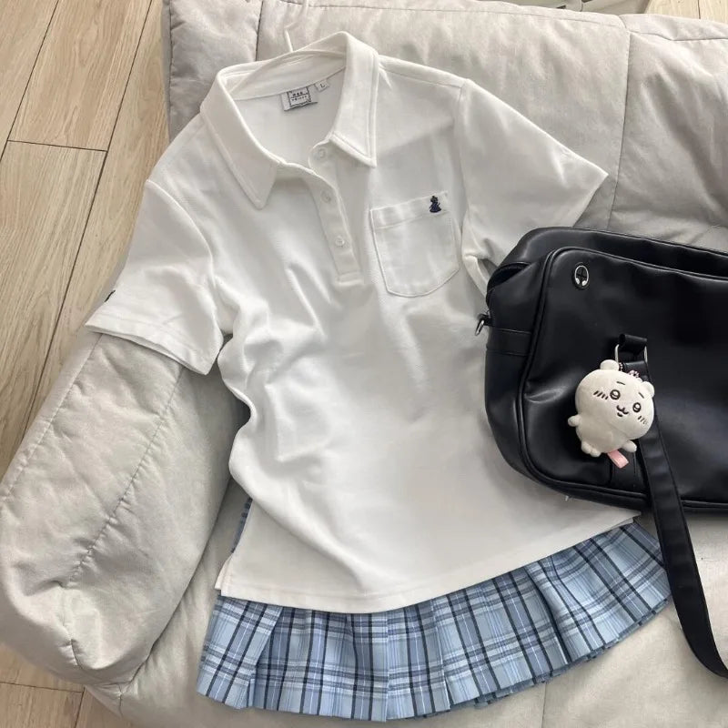 Deeptown Blue Polo Shirts Women Shoujo JK Japanese Preppy Style White T-shirts Short Sleeve Embroidered Tees Basic Pink Tops - Matrix-studios.com