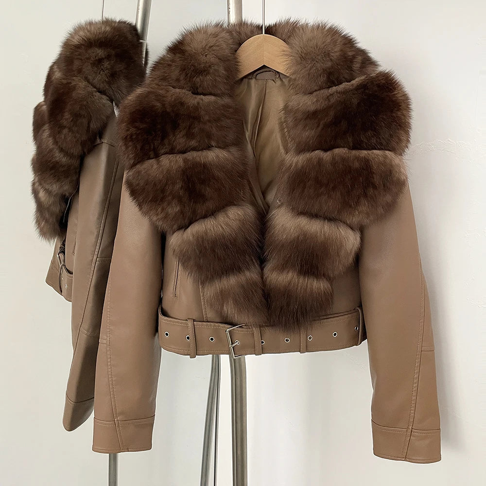 OFTBUY Natural Fox Fur Faux Leather Jacket Female New Autumn Short Top Clothing Women Long Sleeve Fake Leather Real Fur Coat - Matrix Studios