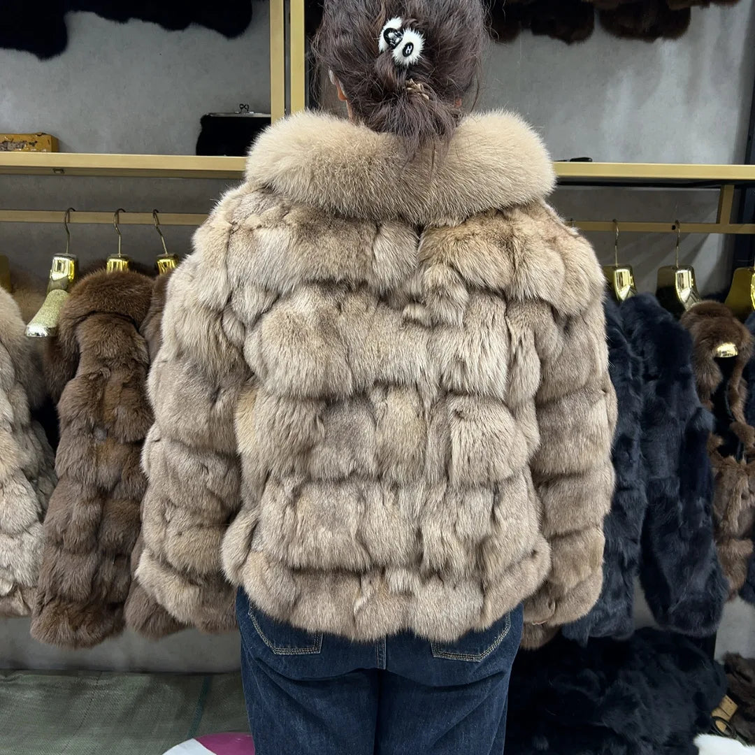 HUA QIU MEI SI Women's Natural Fox Fur Jacket with Fox Collar for Winter Warmth, Short Style Real Fox Fur Leather Jacket - Matrix Studios