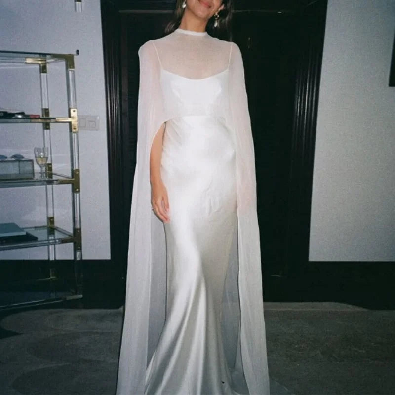 Women Chiffon Capelet Sheer Mesh Bridal Cape Shawl Wraps Asymmetrical High Low Flowy Wedding Party Cover Up Poncho - Matrix Studios