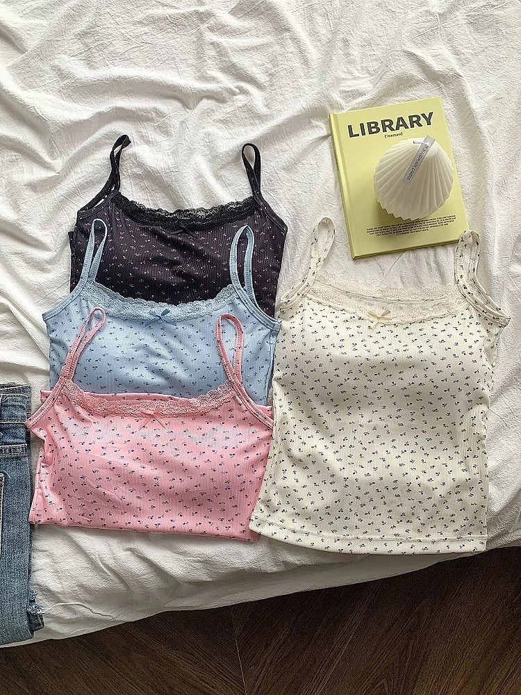 Elegant Lace Flower Print Slim Sexy Vest Floral Tops One Size Tank Spring Sweet Bowknot Style T-Shirt Casual Crop Top Summer - Matrix-studios.com