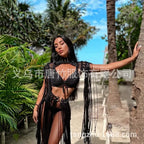 Leosoxs Hand Crochet Knitted Women Bikini Cover Ups Summer Holiday Tassel Beach Bathing Suit Sexy Hollow Out Skirts Matching Set - Matrix Studios