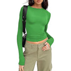 1pcs Four Seasons Fashion Senior Women T-shirt Long Sleeve Crew Neck Solid Slim Fit Tee Ladies Crop Top  Daily Streetwear Camis - Matrix-studios.com