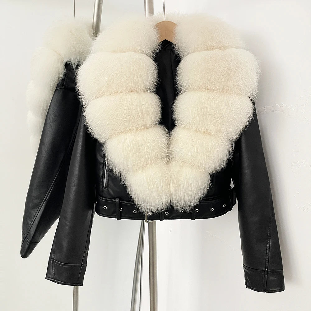 Fake Leather Coat New Natural Fox Fur Autumn Short Faux Leather Jacket Female Spring PU Women Long Sleeve Real Fur Coat Thin - Matrix Studios