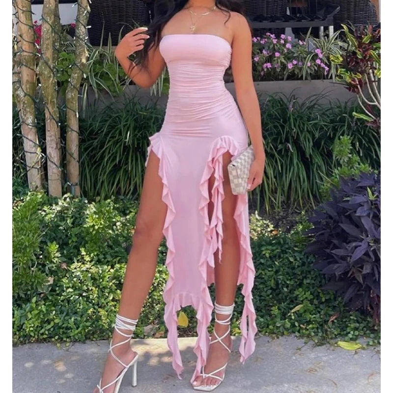 Women Strapless Sexy Floral Fold Hemline High Slit Mini Dress 2024 Solid Backless Sleeveless Black And Pink Party Dress Vestidos - Matrix-studios.com