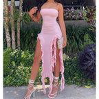 Women Strapless Sexy Floral Fold Hemline High Slit Mini Dress 2024 Solid Backless Sleeveless Black And Pink Party Dress Vestidos - Matrix-studios.com