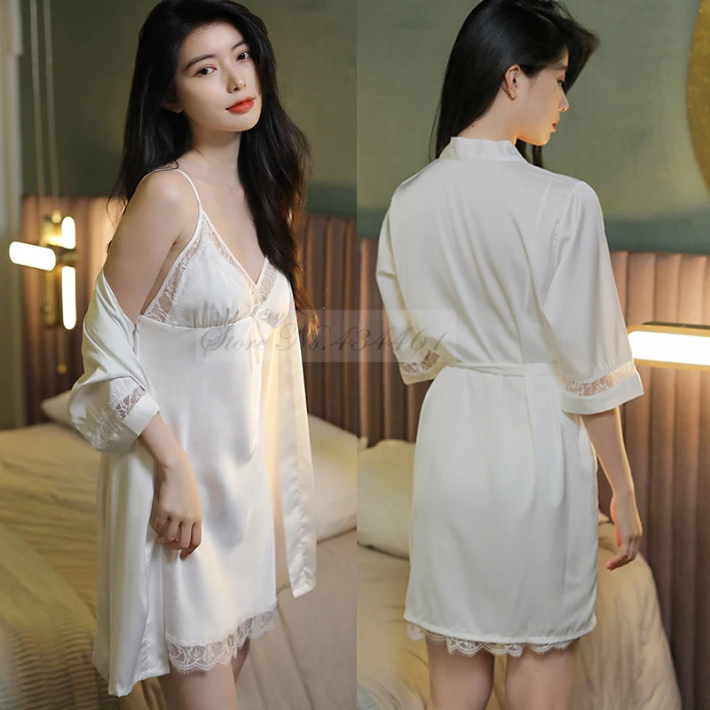 Sexy Women Rayon Kimono Bathrobe WHITE Bride Bridesmaid Wedding Robe Set Lace Trim Sleepwear Casual Home Clothes Nightwear - Matrix-studios.com
