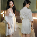 Sexy Women Rayon Kimono Bathrobe WHITE Bride Bridesmaid Wedding Robe Set Lace Trim Sleepwear Casual Home Clothes Nightwear - Matrix-studios.com