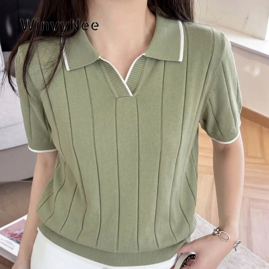 WinvyNee Summer Women's Cotton Polo Collar Short Sleeve T-Shirt Casual Cotton Tops Women Clothing Knitted Pullover A1092079A - Matrix-studios.com