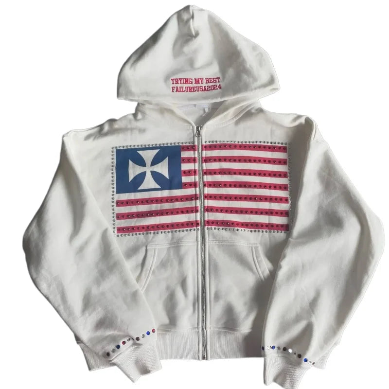 Autumn and Winter New Minimalist Design Color Collision Pattern Women Hooded Sweatshirt Harajuku Y2K Loose Zipper Sweatshirt - Matrix Studios