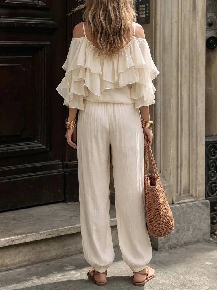 Pants Set Off Shoulder Ruffle Layer Top Elastic Waist Loose Jogger Pants For Women Beach Vacation Daily Leisure Travel Matching Outfit - Matrix-studios.com
